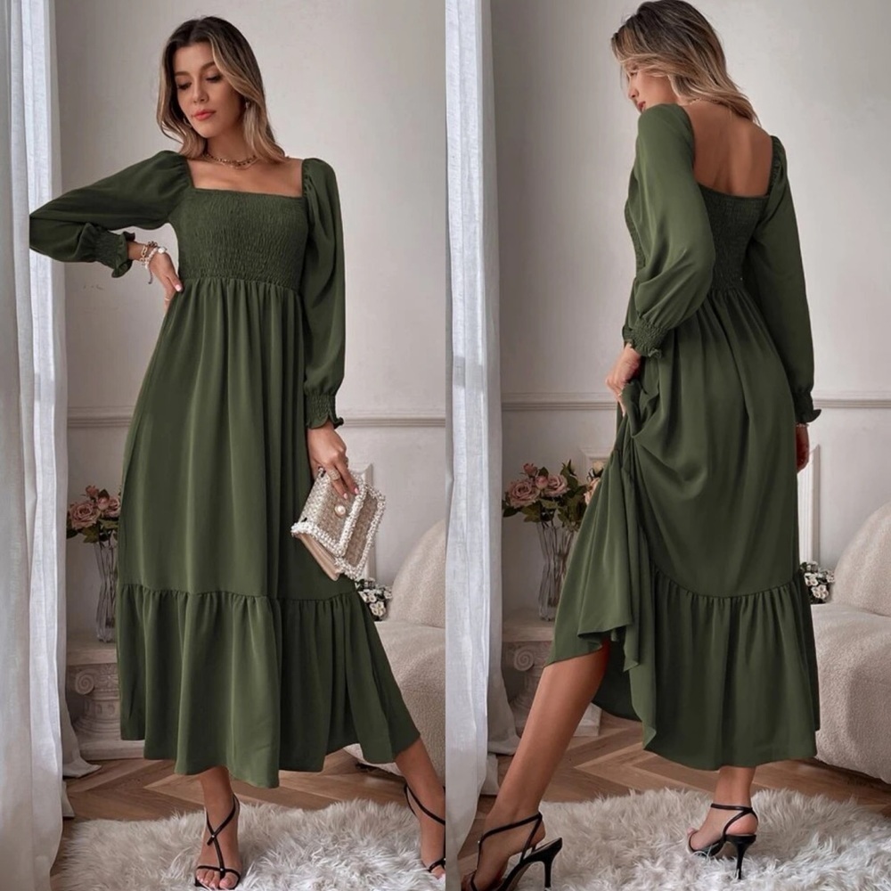 Shirred bust square neck long sleeve ruffle maxi dress boho gypsy rust brown - Picture 10 of 10